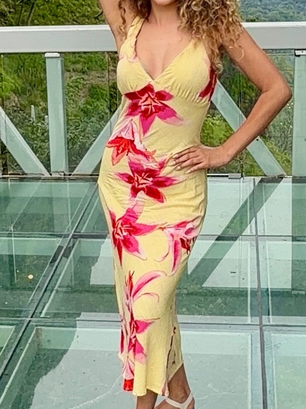 Floral V-Neck Yellow & Pink Maxi Dress